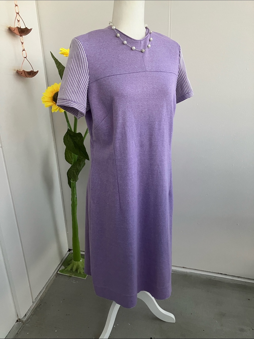 Vintage 60s 70s Pastel Purple Monochrome Midi Dress w White Pinstriped Sleeves